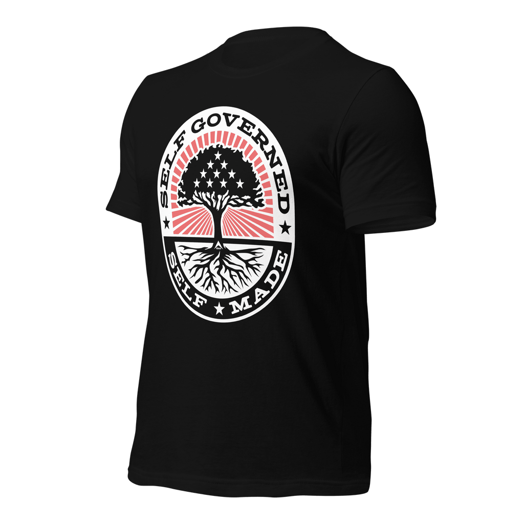Black t-shirt shown from a three-quarter view angled right, featuring the Self Governed Self Made graphic and DIA logo.