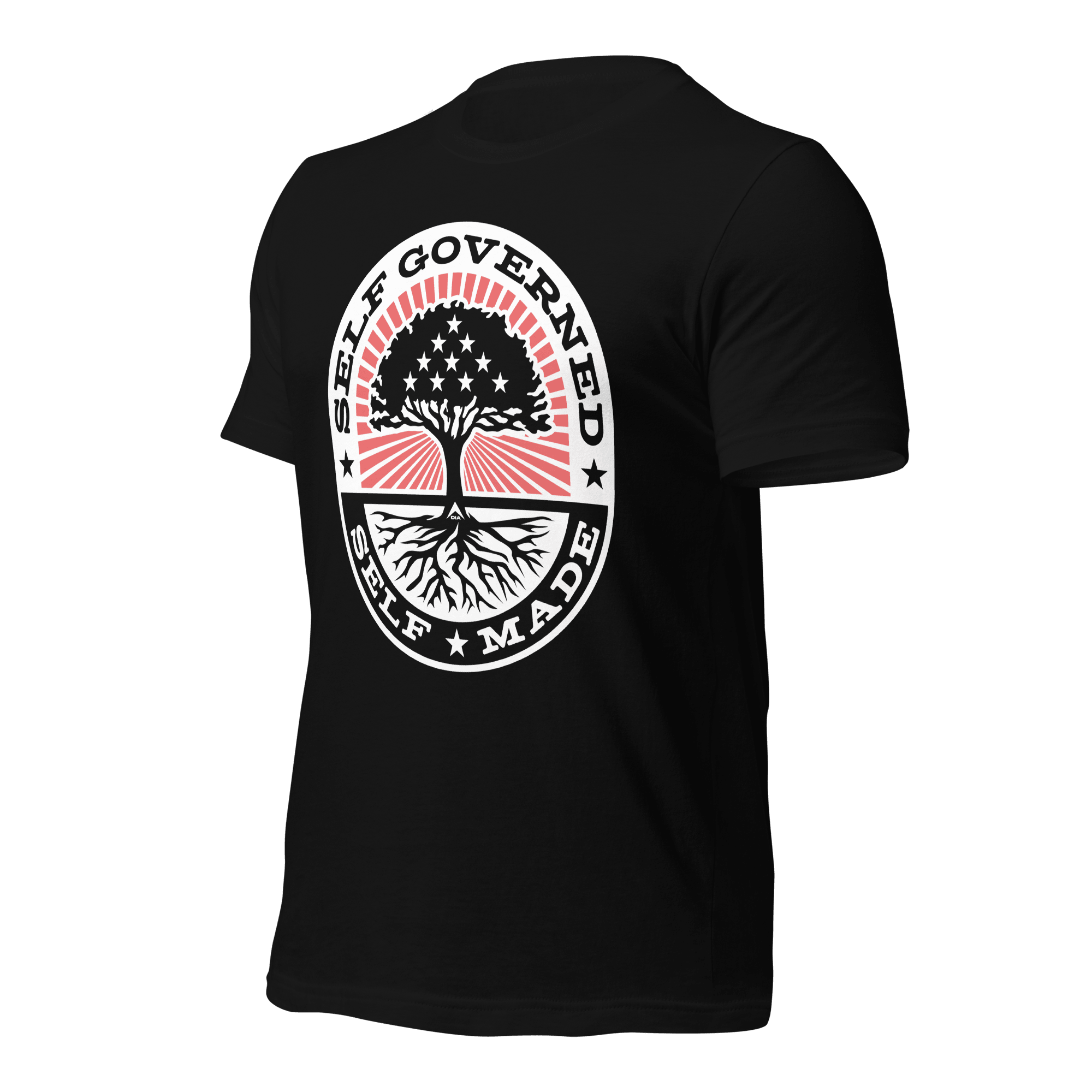 Black t-shirt shown from a three-quarter view angled right, featuring the Self Governed Self Made graphic and DIA logo.