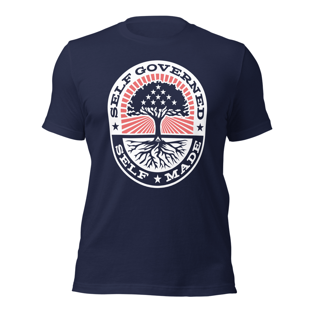 Navy t-shirt, front view, circular "Self Governed Self Made" graphic featuring a tree with stars and stripes.