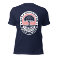 Navy t-shirt, front view, circular "Self Governed Self Made" graphic featuring a tree with stars and stripes.