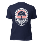 Navy t-shirt, front view, circular "Self Governed Self Made" graphic featuring a tree with stars and stripes.