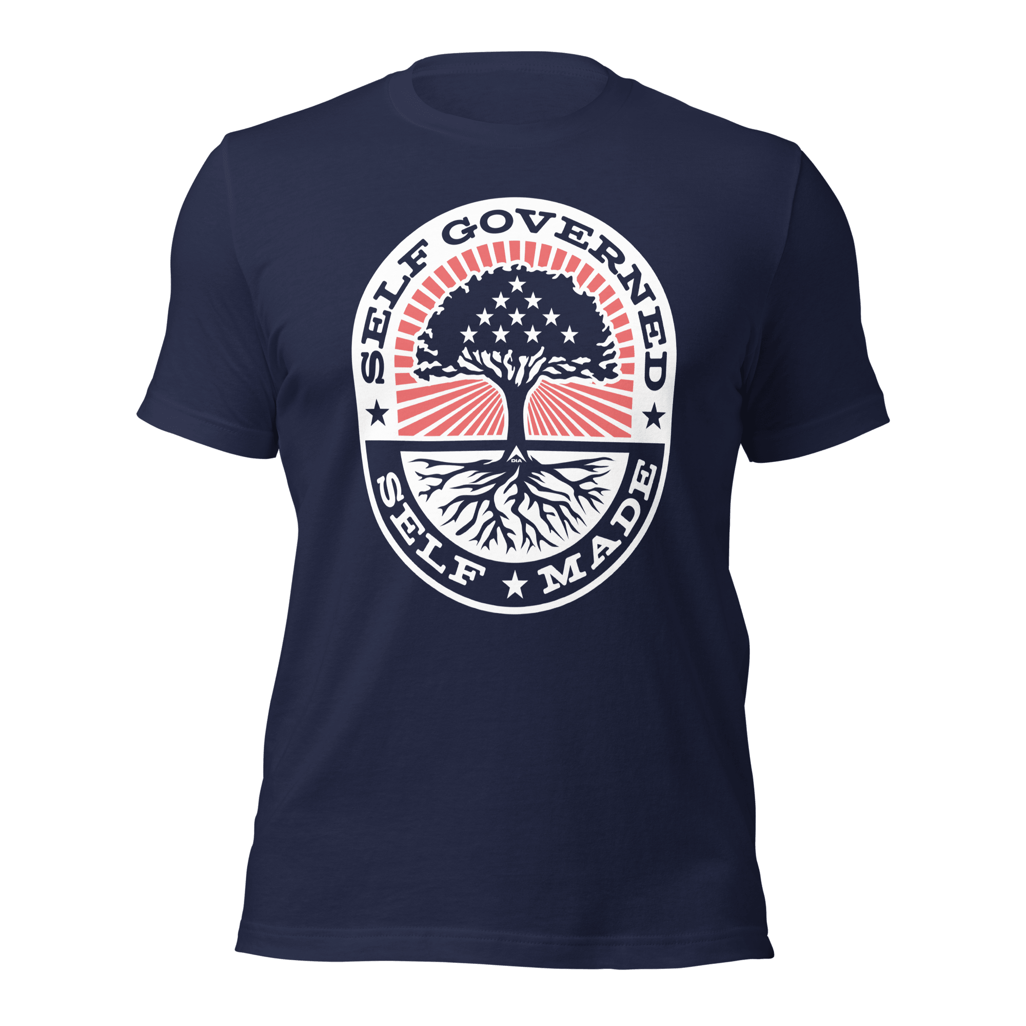 Navy t-shirt, front view, circular "Self Governed Self Made" graphic featuring a tree with stars and stripes.