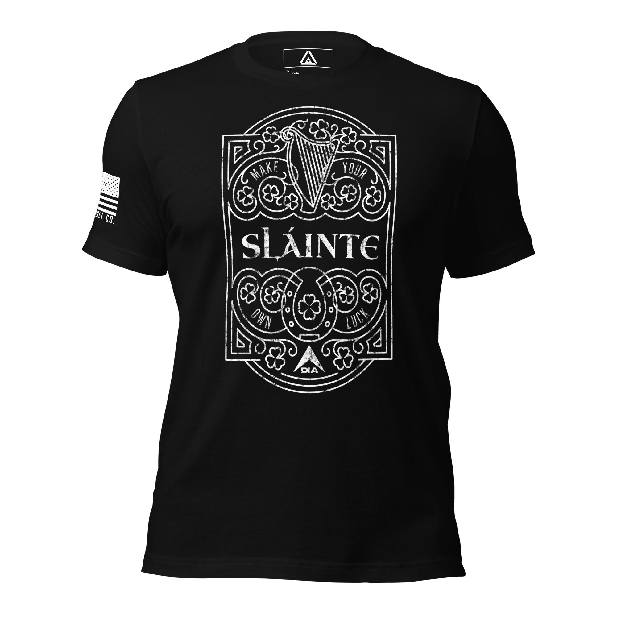 Black t-shirt, front view, featuring a white "Sláinte" graphic with a harp, shamrocks, and the DIA logo.