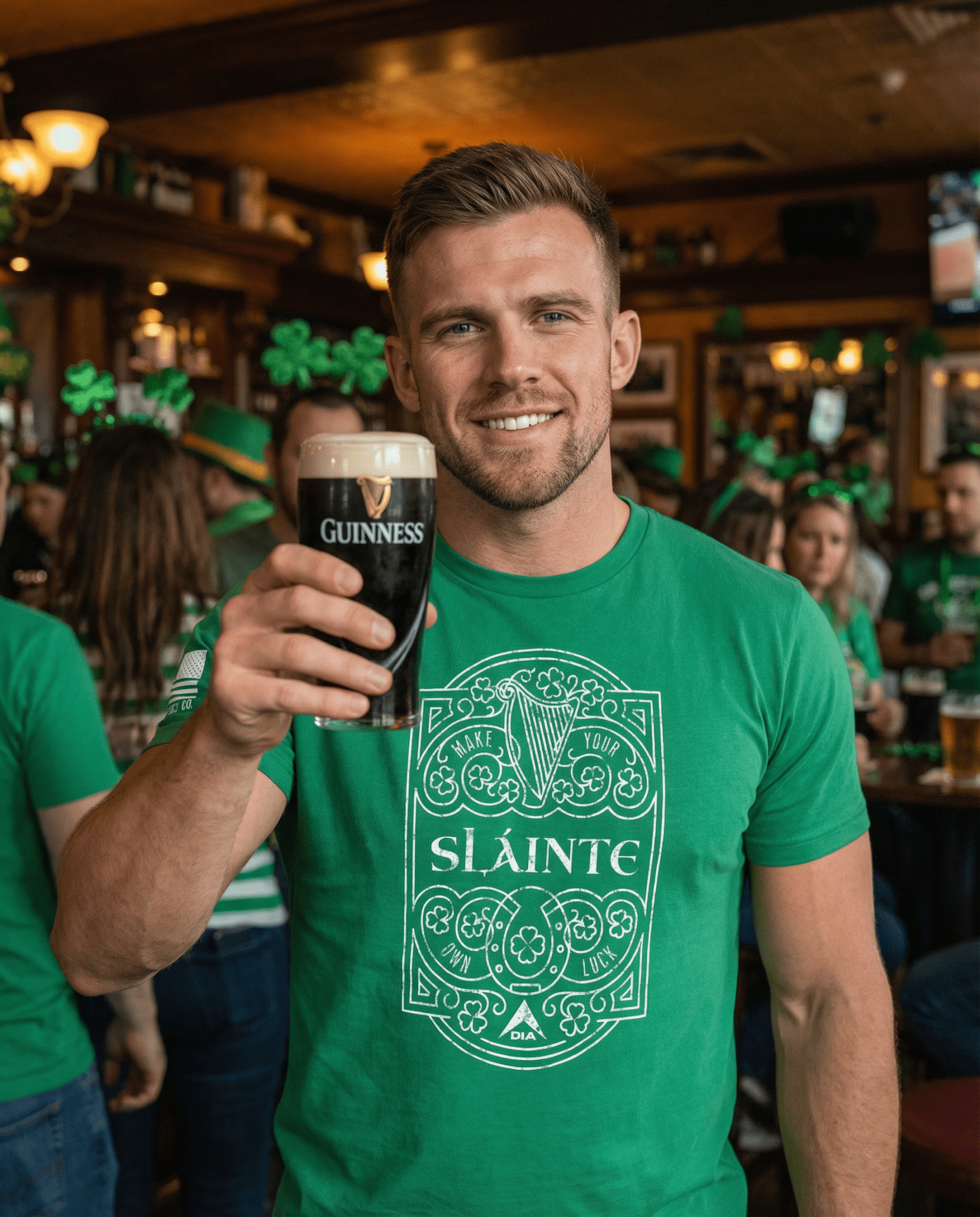 Man in an Irish pub wearing a kelly green Sláinte t-shirt while holding a dark beer.