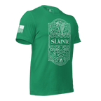 Kelly green t-shirt, three-quarter view angled leftt, with white Sláinte graphic and American flag on the sleeve.