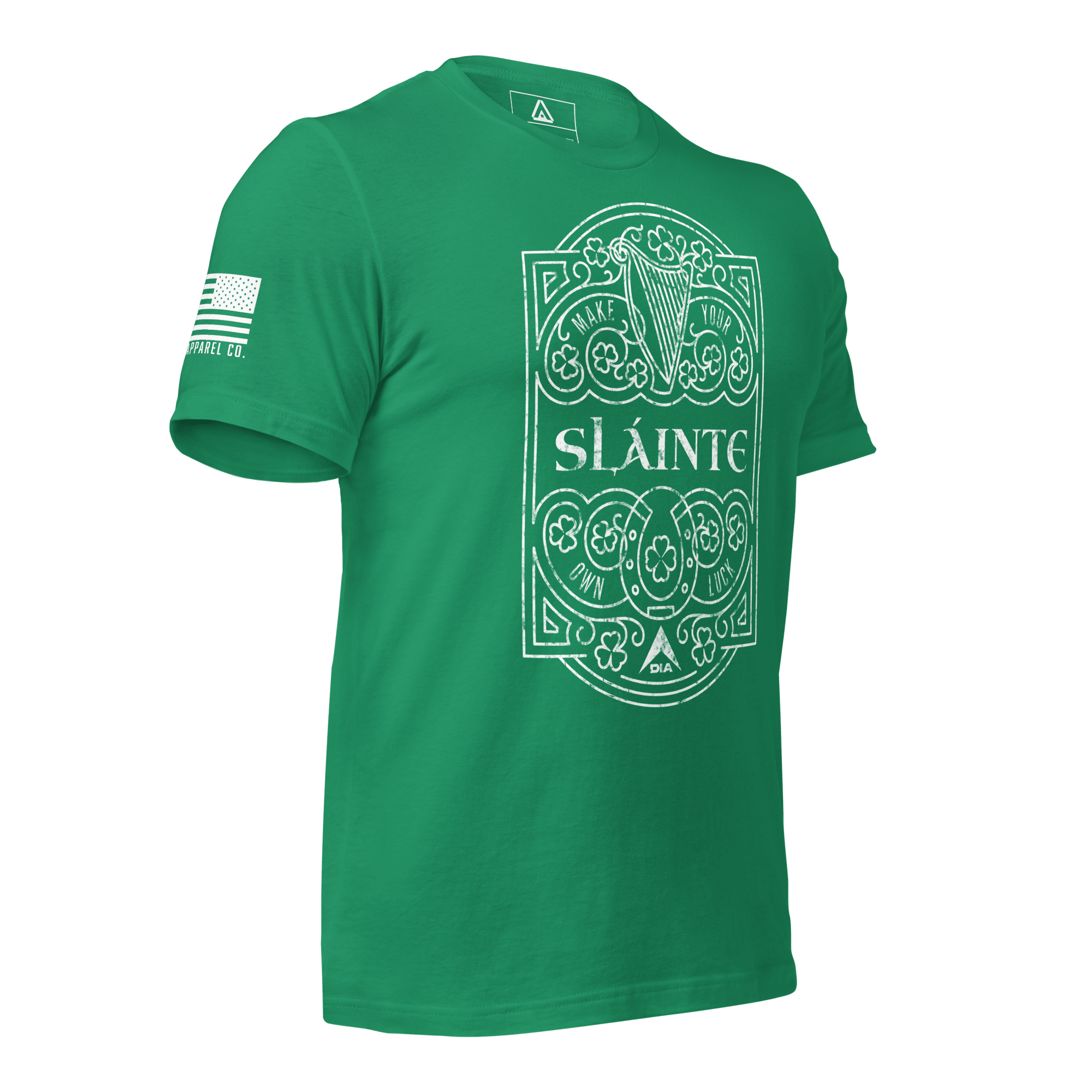 Kelly green t-shirt, three-quarter view angled leftt, with white Sláinte graphic and American flag on the sleeve.