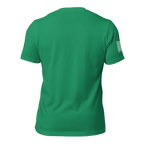 Kelly green t-shirt, back view, featuring a white American flag on the right sleeve.