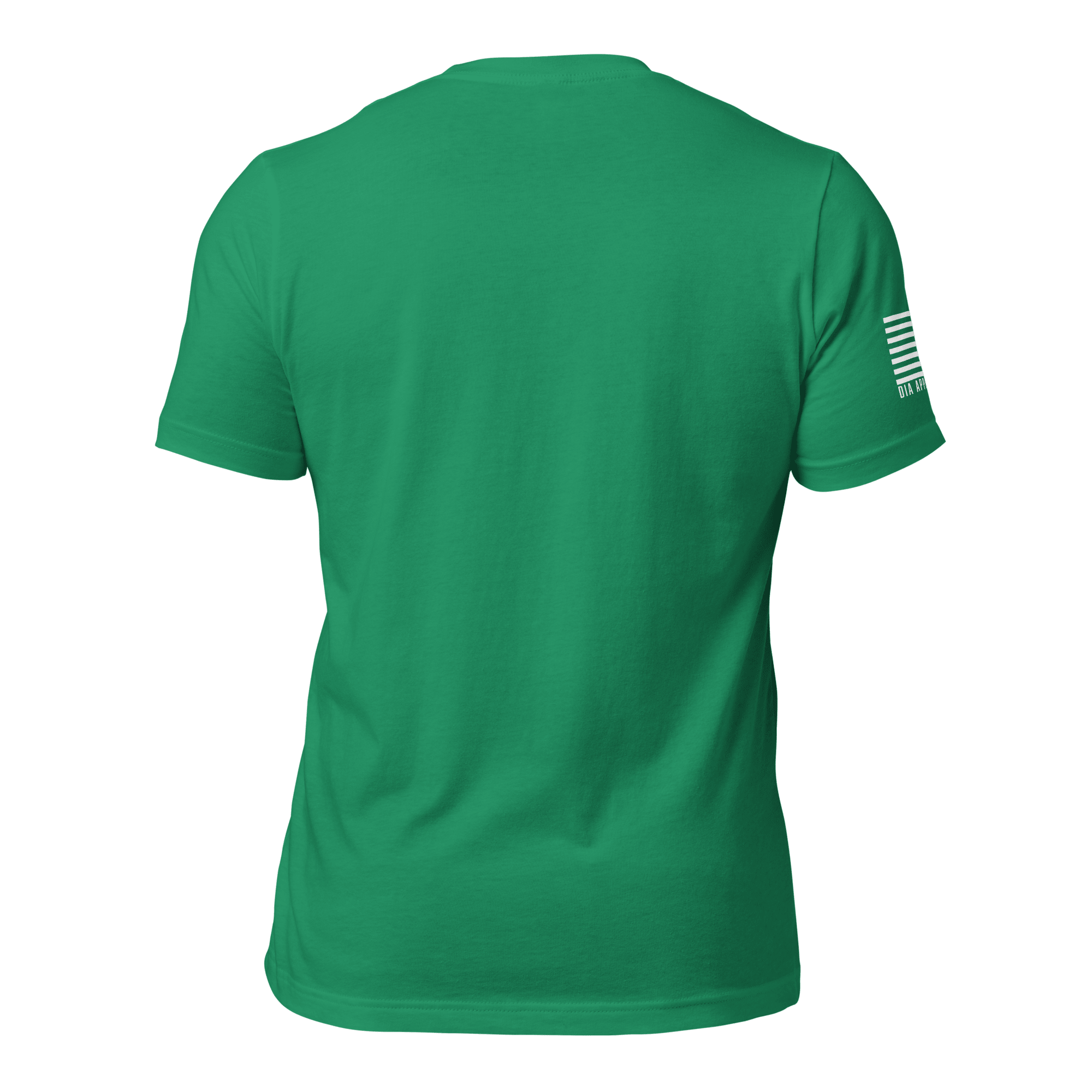 Kelly green t-shirt, back view, featuring a white American flag on the right sleeve.