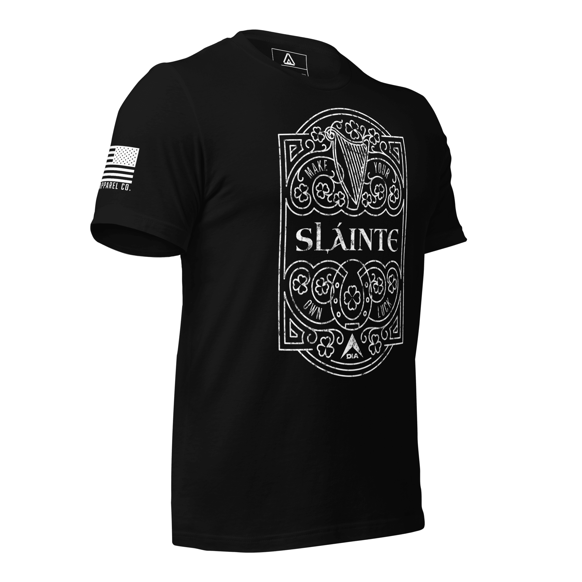 Black t-shirt, three-quarter view angled left, with white Sláinte graphic and American flag on the sleeve.