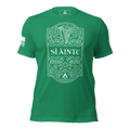Kelly green t-shirt, front view, with white Sláinte graphic, DIA logo, and American flag on the sleeve.