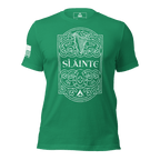 Kelly green t-shirt, front view, with white Sláinte graphic, DIA logo, and American flag on the sleeve.