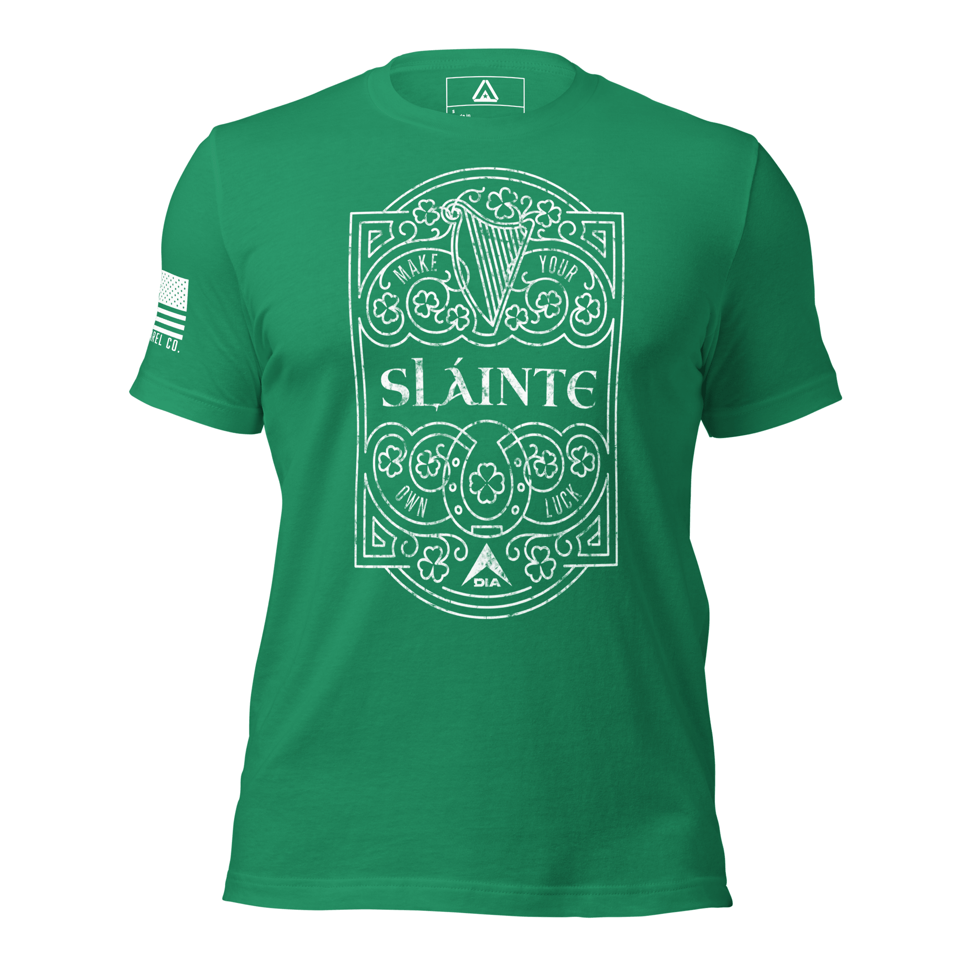 Kelly green t-shirt, front view, with white Sláinte graphic, DIA logo, and American flag on the sleeve.