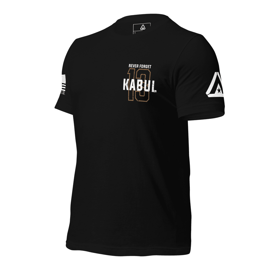 Black shirt angled right featuring a gold 13 chest graphic, NEVER FORGET KABUL text, DIA logo, and a white sleeve flag.