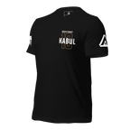 Black shirt angled right featuring a gold 13 chest graphic, NEVER FORGET KABUL text, DIA logo, and a white sleeve flag.