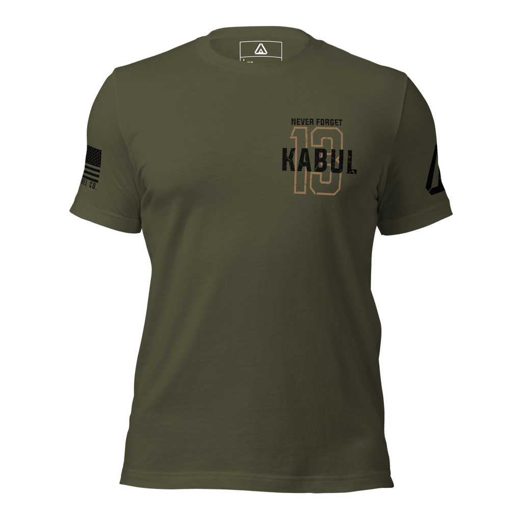 Front-facing green shirt with gold 13 chest graphic, NEVER FORGET KABUL text, DIA logo, and black sleeve flag.