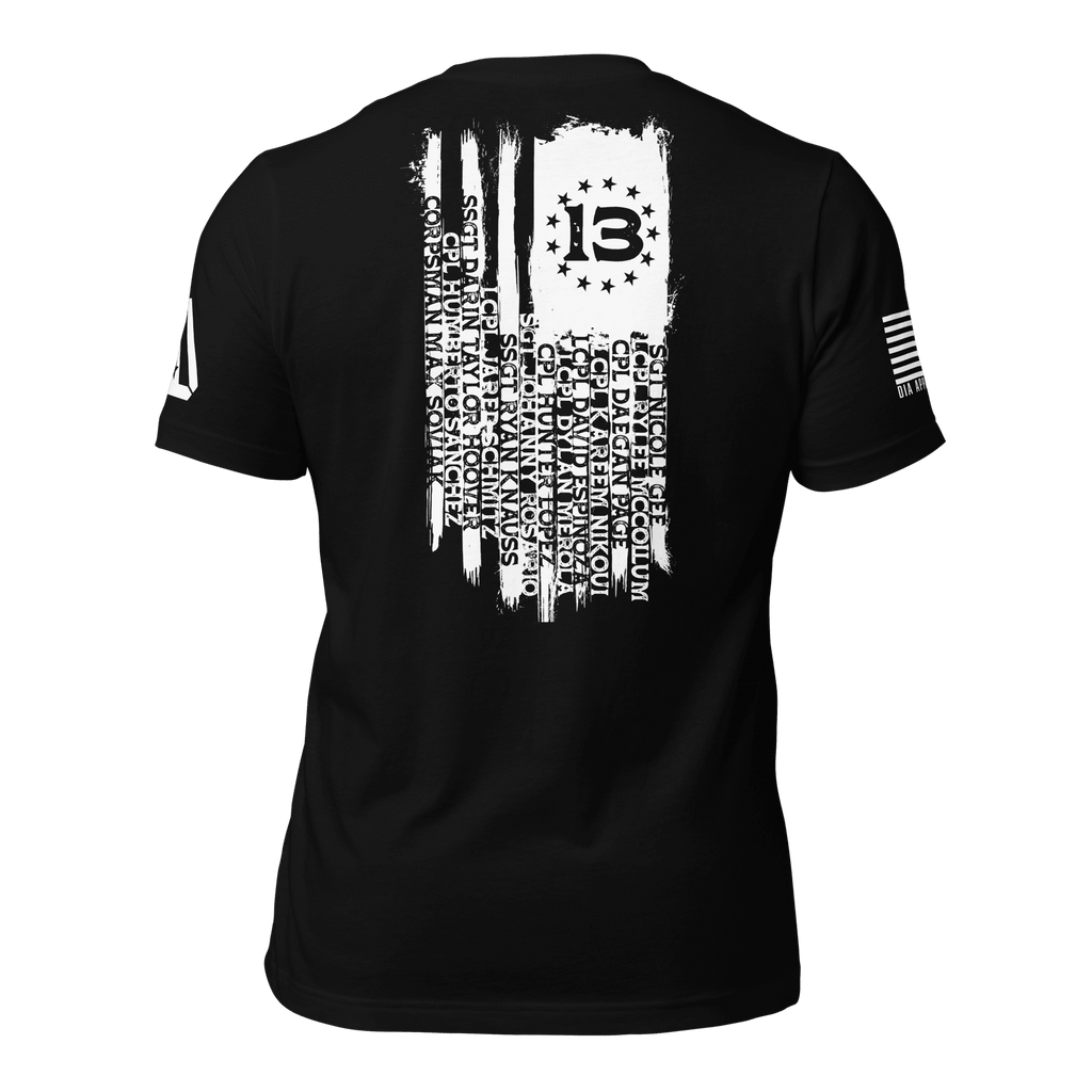 Back view of black shirt showing a white distressed American flag with names of the fallen and a "13" star canton.