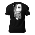 Back view of black shirt showing a white distressed American flag with names of the fallen and a "13" star canton.