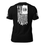 Back view of black shirt showing a white distressed American flag with names of the fallen and a "13" star canton.