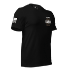 Black shirt angled left featuring a gold 13 chest graphic, NEVER FORGET KABUL text, DIA logo, and a white sleeve flag.