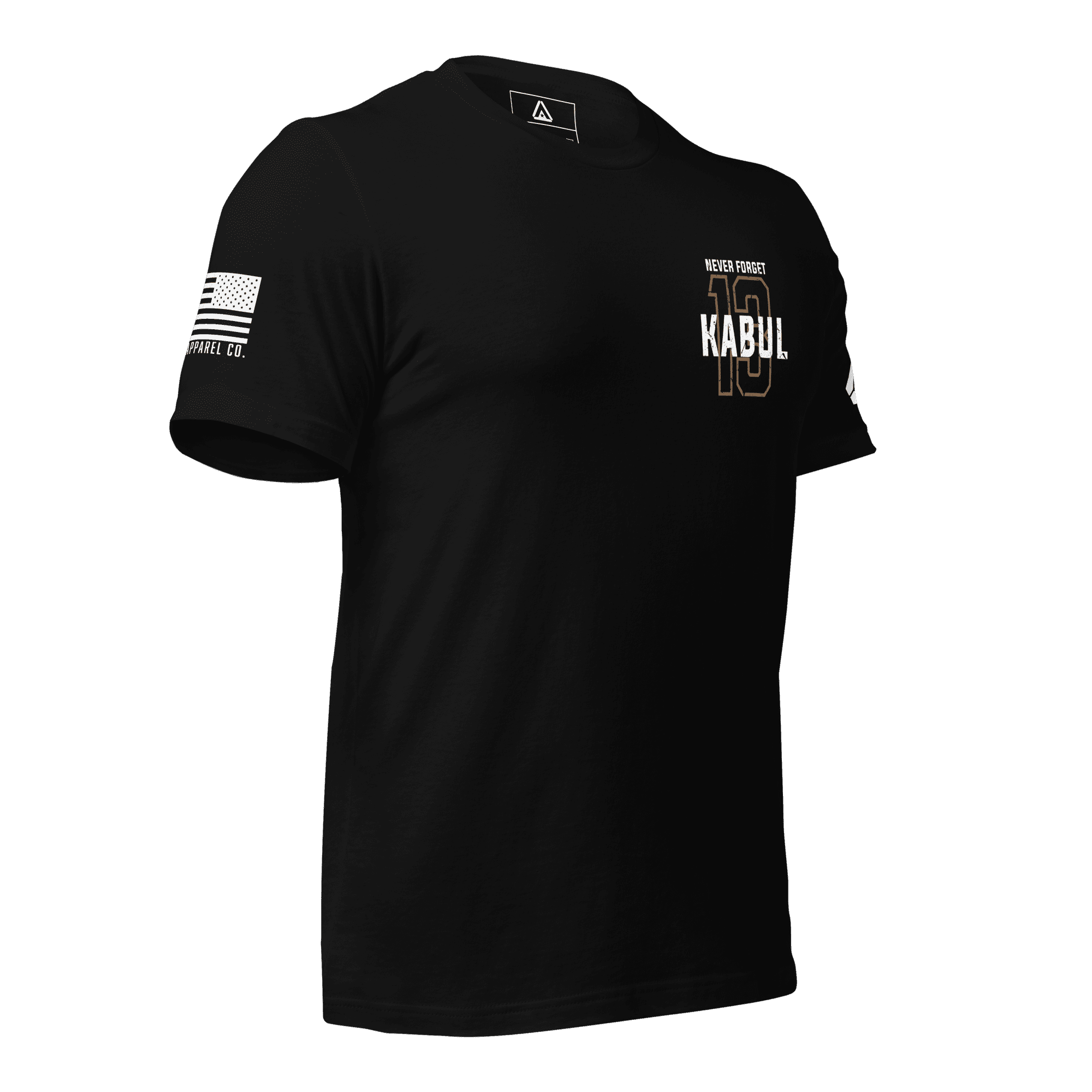 Black shirt angled left featuring a gold 13 chest graphic, NEVER FORGET KABUL text, DIA logo, and a white sleeve flag.