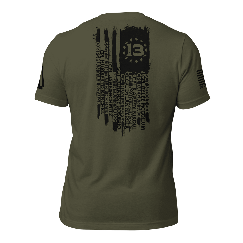 Back view of military green shirt with a black distressed flag, fallen names in stripes, and a 13 star canton.