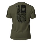 Back view of military green shirt with a black distressed flag, fallen names in stripes, and a 13 star canton.