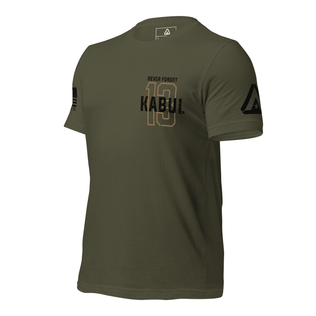 Military green shirt angled right featuring a gold 13 chest graphic, NEVER FORGET KABUL text, and black sleeve flag.
