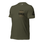Military green shirt angled right featuring a gold 13 chest graphic, NEVER FORGET KABUL text, and black sleeve flag.