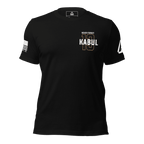 Front-facing black shirt featuring a gold 13 chest graphic, NEVER FORGET KABUL text, DIA logo, and a white sleeve flag.