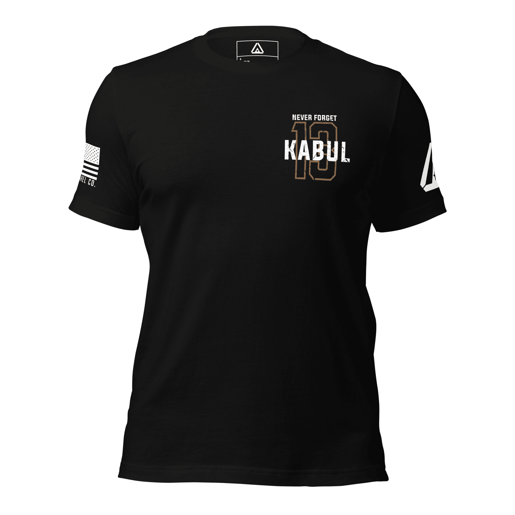 Front-facing black shirt featuring a gold 13 chest graphic, NEVER FORGET KABUL text, DIA logo, and a white sleeve flag.