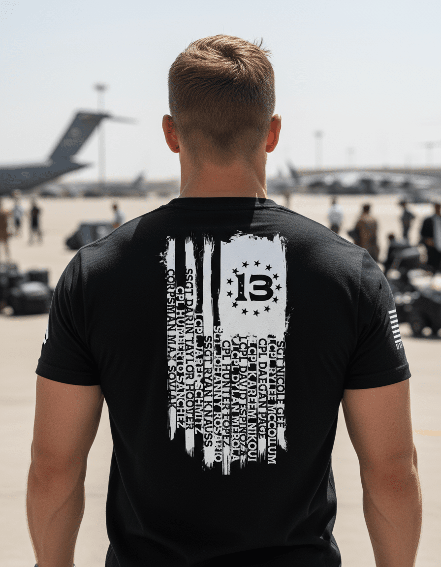Man at an airfield wearing a black shirt with a distressed white American flag back graphic listing fallen names.
