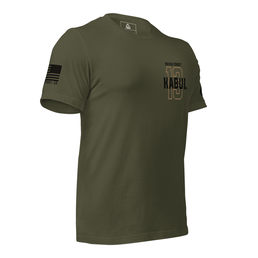 Military green shirt angled left featuring a gold 13 chest graphic, NEVER FORGET KABUL text, and black sleeve flag.