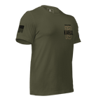 Military green shirt angled left featuring a gold 13 chest graphic, NEVER FORGET KABUL text, and black sleeve flag.