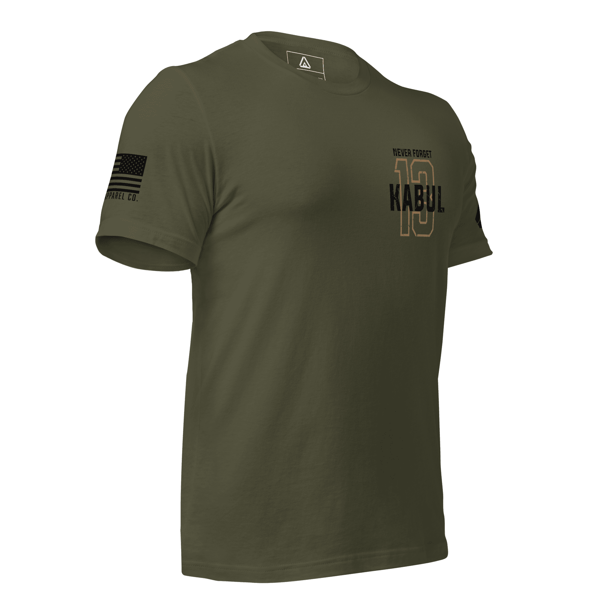 Military green shirt angled left featuring a gold 13 chest graphic, NEVER FORGET KABUL text, and black sleeve flag.