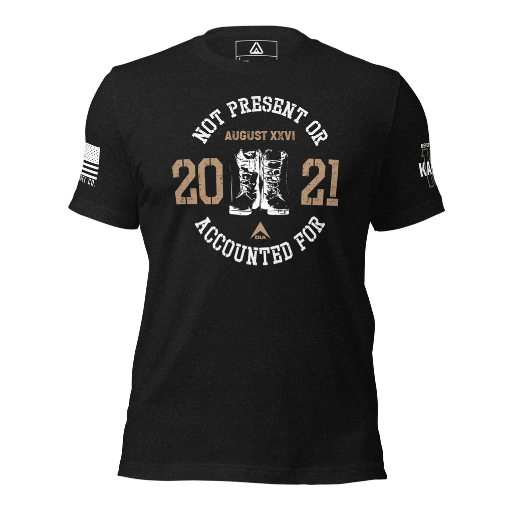 Black t-shirt, front view, featuring a circular boots chest graphic, August XXVI text, and a DIA logo.