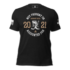 Black t-shirt, front view, featuring a circular boots chest graphic, August XXVI text, and a DIA logo.