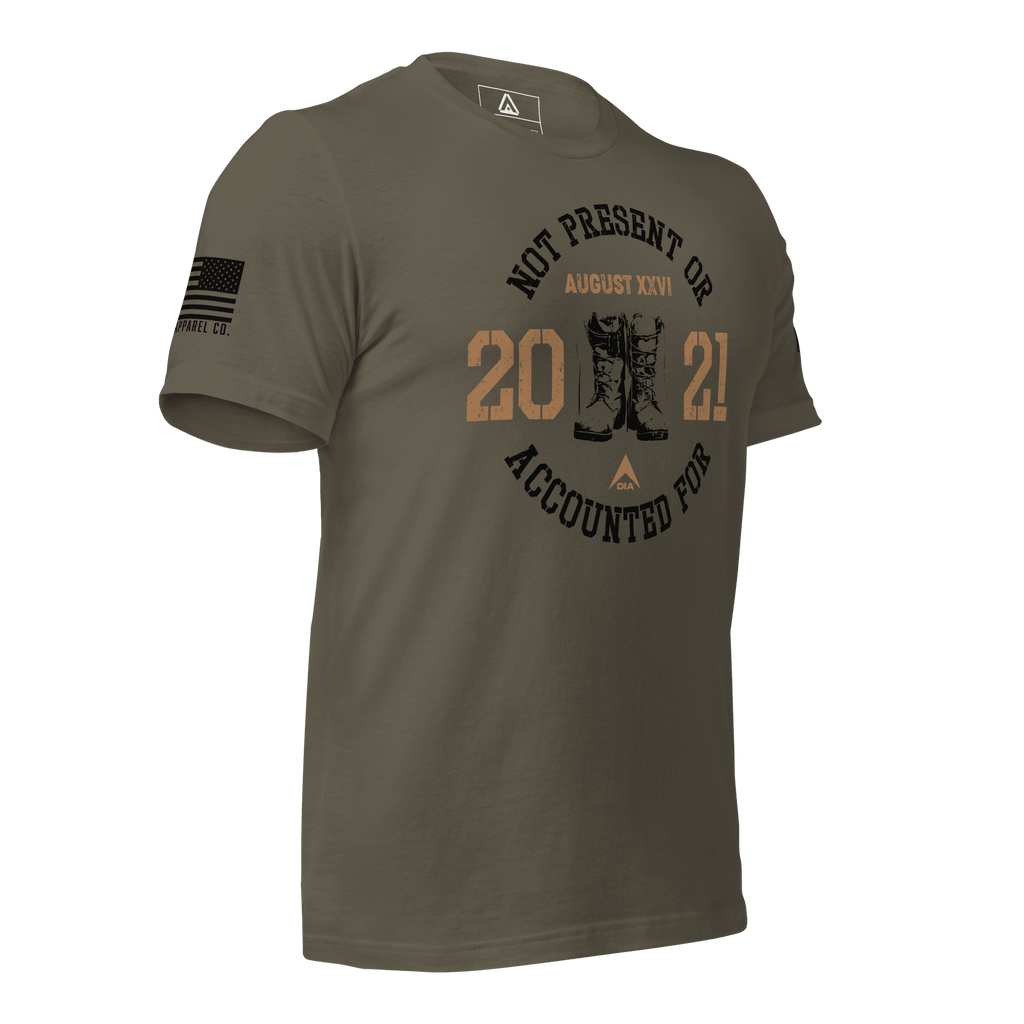Army green t-shirt, angled left, featuring a circular boots chest graphic, August XXVI text, and American flag