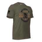 Army green t-shirt, angled left, featuring a circular boots chest graphic, August XXVI text, and American flag
