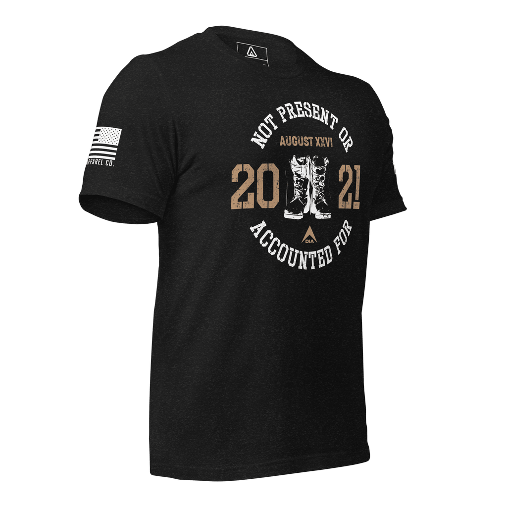 Black t-shirt, angled left, featuring a circular boots chest graphic, August XXVI text, and an American flag.