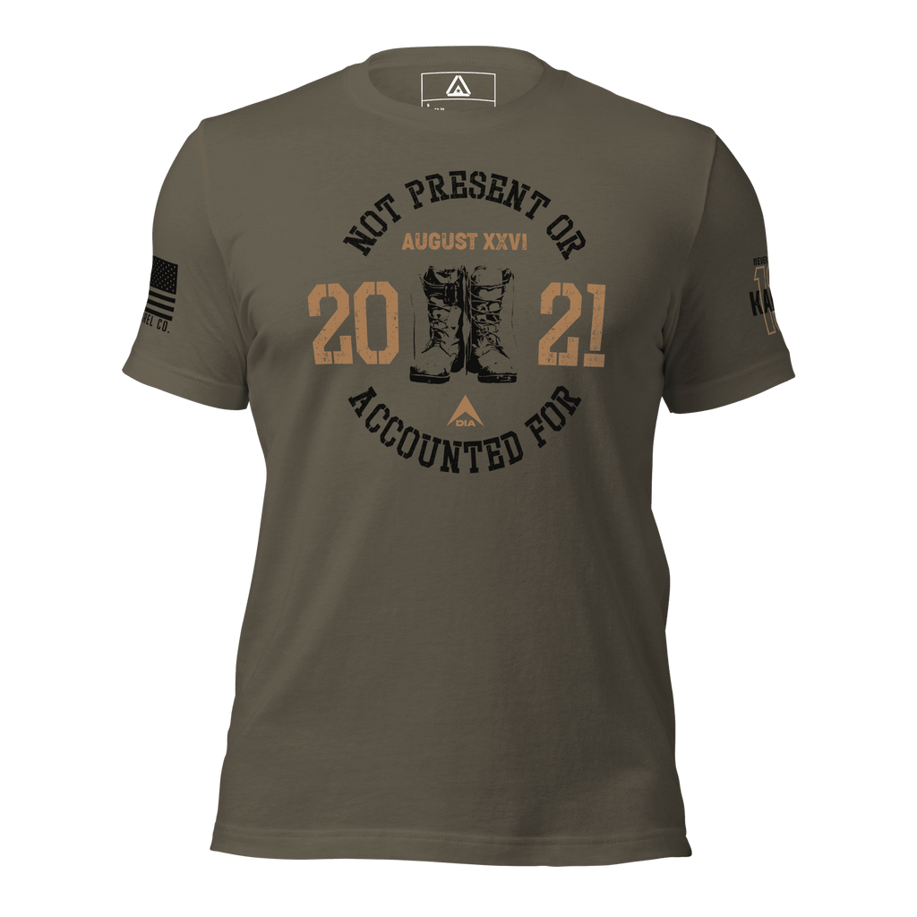 Army green t-shirt, front view, featuring a circular boots chest graphic, August XXVI text, and a DIA logo.