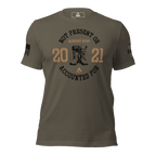 Army green t-shirt, front view, featuring a circular boots chest graphic, August XXVI text, and a DIA logo.