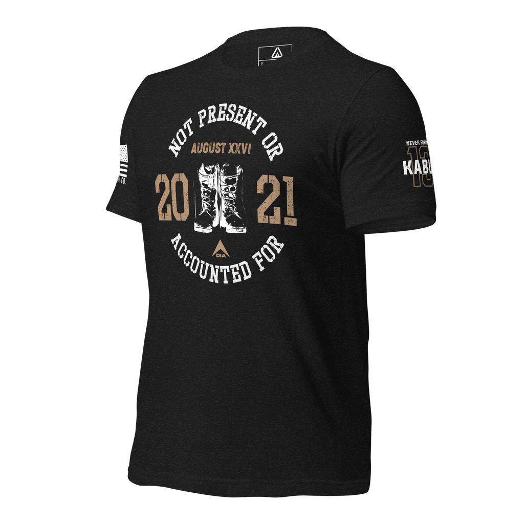 Black t-shirt, angled right, featuring a circular boots chest graphic, August XXVI text, and Kabul 13 sleeve.