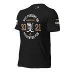 Black t-shirt, angled right, featuring a circular boots chest graphic, August XXVI text, and Kabul 13 sleeve.