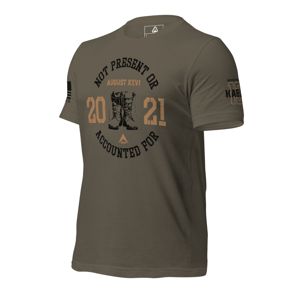 Army green t-shirt, angled right, featuring a circular boots chest graphic and Kabul 13 sleeve.