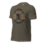 Army green t-shirt, angled right, featuring a circular boots chest graphic and Kabul 13 sleeve.