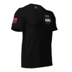 Black T-shirt angled left highlighting front memorial graphic, chest emblem, and fitted sleeve view