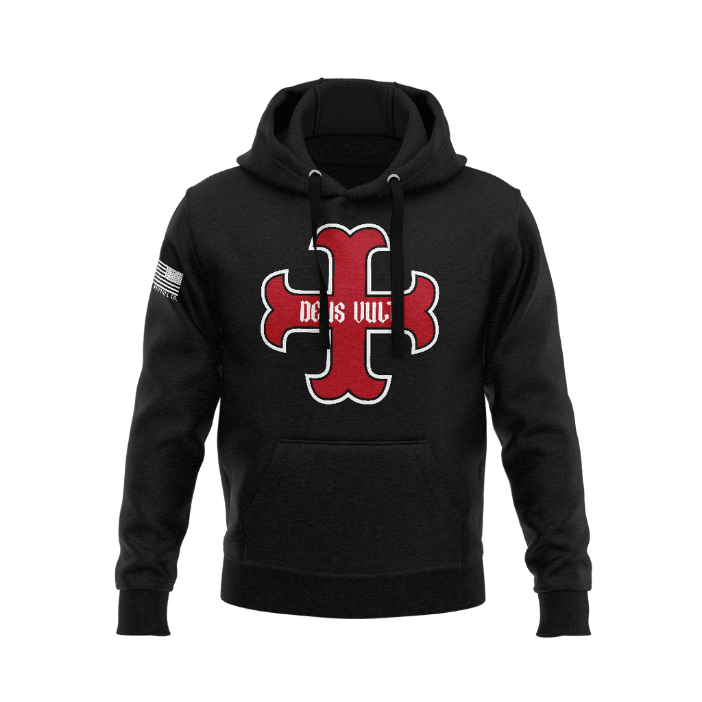 Black hoodie with a red cross, "DEUS VULT" text on the chest, and an American flag on the sleeve.