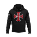 Black hoodie with a red cross, "DEUS VULT" text on the chest, and an American flag on the sleeve.