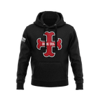 Black hoodie with a red cross, "DEUS VULT" text on the chest, and an American flag on the sleeve.