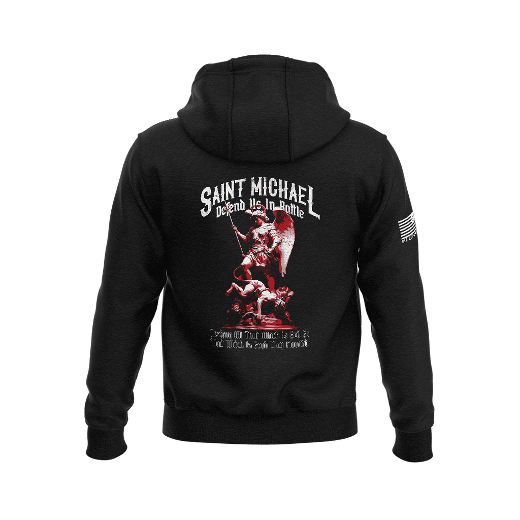 Black hoodie featuring a Saint Michael back graphic, with an American flag on the sleeve.
